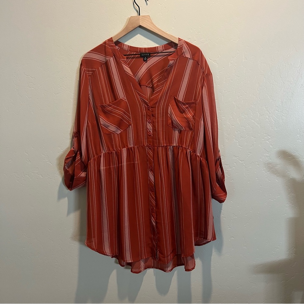 Torrid Emma Babydoll Chiffon Tunic Blouse‎ Flowy Size 3X Rust Stripe